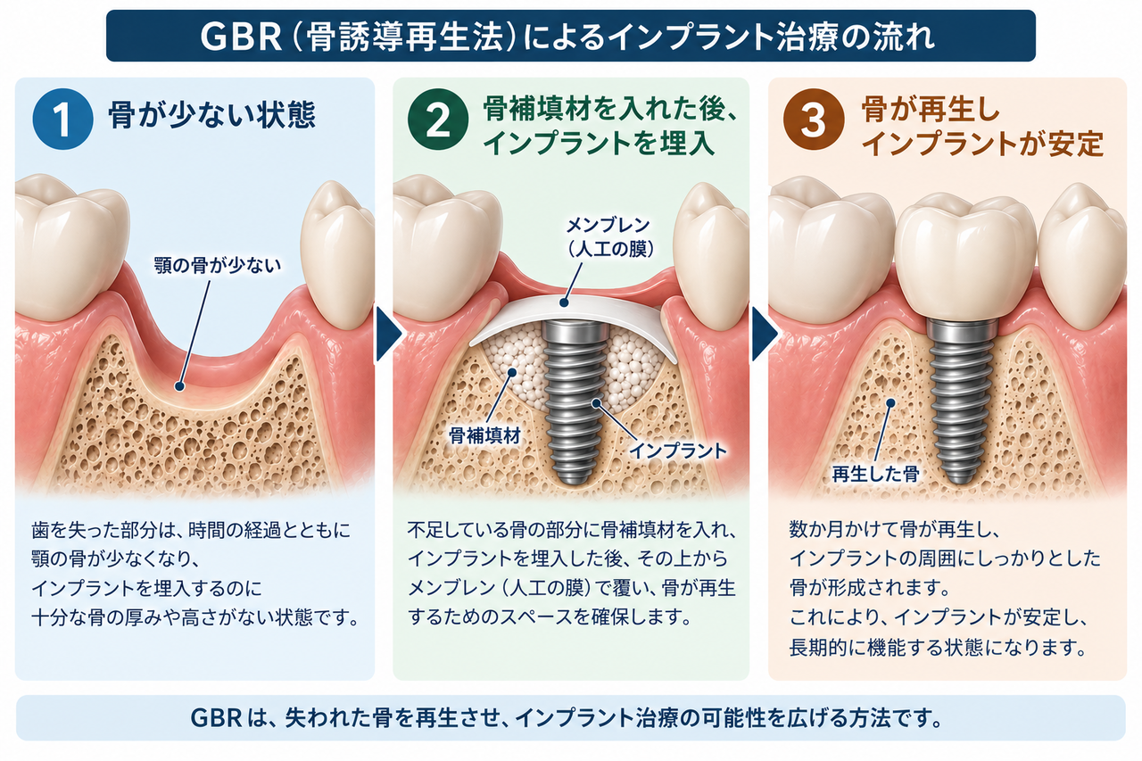 GBR(骨誘導再生法)の手術工程の図